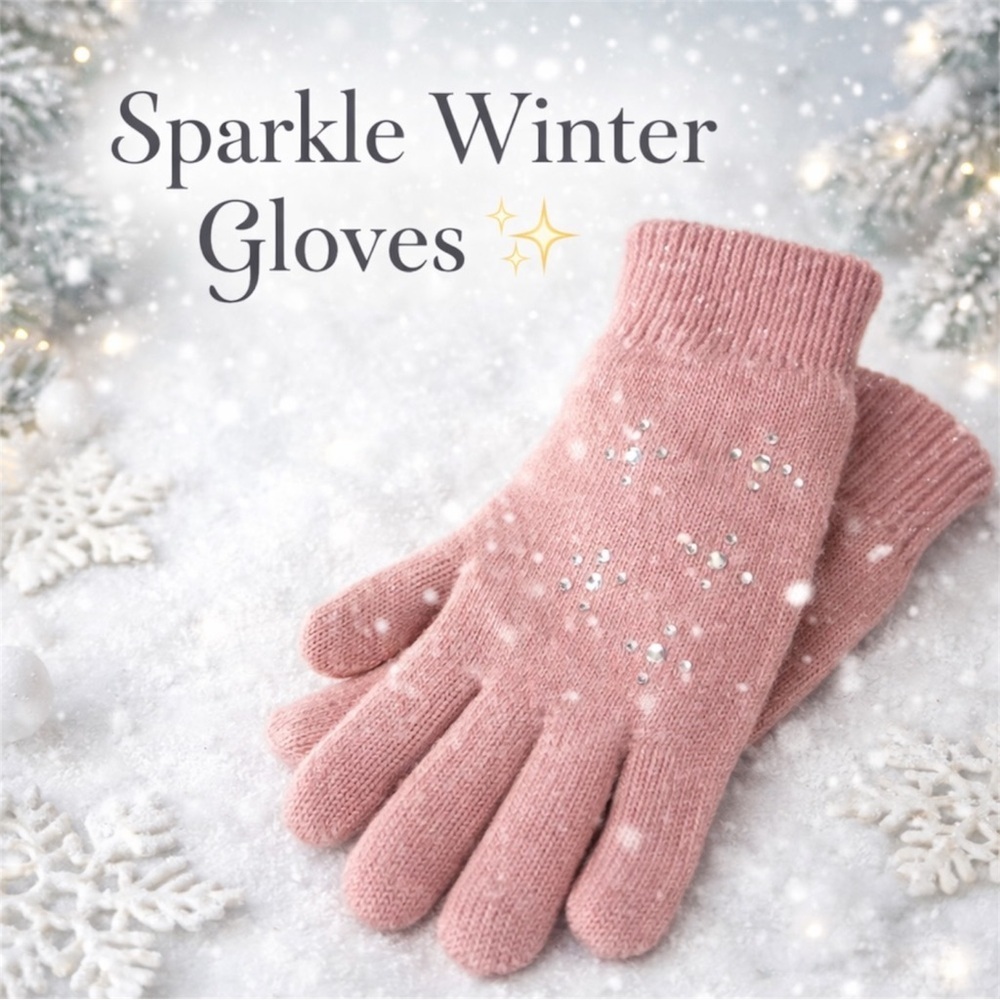 Pink Sparkle Studded Knit Gloves Soft Warm Fleece Lined Winter Cold Weather